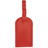 A red luggage tag featuring a smooth finish and a sturdy strap for attachment.