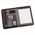 A black and grey imitation leather zip compendium featuring a notepad, pen holder, card slots, and document pockets.