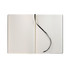 A large bound journal with lined pages and a black ribbon bookmark, featuring a black cover.