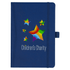 A blue bound journal with a decorative star design and a logo. It has an elastic closure and is pocket-sized.
