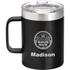 A black thermal mug with a stainless steel lid, featuring a logo and the name “Madison” printed on it.