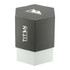 A drink bottle with a hexagonal design, featuring a black top and a silver base, includes a logo.