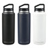 A drink bottle set featuring three colours: black, navy blue, and white, with a handle and branding.