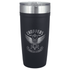 A drink bottle featuring a matte black finish, stainless steel lid, and a logo with motorcycle graphics.