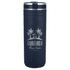 A drink bottle in navy blue with a straw, featuring a palm tree design and a logo.