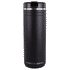A drink bottle in matte black with a silver band and a lid, featuring a logo. Suitable for thermal beverages.