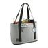 A grey expandable cooler bag with black straps, filled with drinks and snacks. Features a logo on the front.