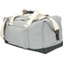 A grey cotton duffel bag with a darker base and cream straps, featuring a logo on the side.