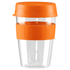 A drink bottle with a clear body, orange lid, and an orange silicone band. It has a logo on the side.