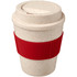 A drink bottle featuring a speckled cream body and a red silicone grip, designed as a reusable coffee cup.