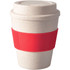 A drink bottle in a cup shape, featuring a speckled cream body and a red silicone band. It has a lid and branding.