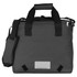 A grey cooler bag with a shoulder strap and top handles, made from recycled materials, featuring a logo.