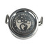 A drink bottle cap with a silver finish and a logo design featuring three figures in a circular pattern.