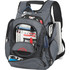 A grey and black checkpoint-friendly backpack with multiple compartments for tech and stationery items. It features a logo.