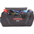A black duffel bag with multiple compartments, featuring various sports equipment and a logo on the front.