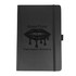 A black pocket-bound journal with an elastic band and an embossed logo on the cover.