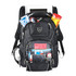 A black computer backpack with multiple compartments, featuring an iPad, snacks, and various organisational items.