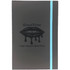 A black journal with a turquoise elastic band and a glossy lip graphic. It features a logo but no text.