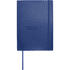 A blue bound journal with an elastic closure and a logo on the cover. It features a soft, textured finish.