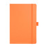 An orange notebook with a elastic band closure and a bookmark, featuring a logo.