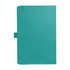 A teal journal with a soft cover, featuring an elastic closure and branding.