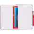 A journal with a red cover and a pen, featuring a blank interior and a bookmark inserted inside.