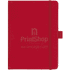 A red hard-bound journal with an elastic band and a branded logo on the cover.