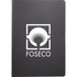A black journal with a logo on the front cover, featuring a simple design and a matte finish.