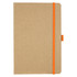 A tan journal with an orange elastic band closure and a bookmark. It has a simple, minimalist design.