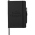 A large black hardbound journal with an elastic band and a pen holder, featuring a logo on the cover.