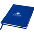 A blue hardcover notebook with an elastic closure, featuring a logo on the front.