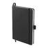 A black A5 journal with a textured cover, featuring an elastic closure and bookmark ribbon. It includes a logo on the cover.