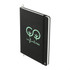 A black hardcover notebook with a green logo design and an elastic band closure. It features a ribbon bookmark.