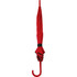 A red fashion umbrella with a curved handle and a black strap, featuring logo branding.