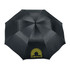 A black vented golf umbrella with an intricate design and a logo on one panel.