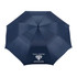 A navy blue vented golf umbrella featuring a logo with a diamond design.