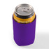 A drink can is nestled inside a vibrant purple stubby cooler, designed to keep beverages cold.