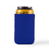 A drink can is wrapped in a blue stubby cooler, designed to keep beverages cold.