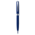 A twist action ballpoint pen in blue with chrome accents and a sleek design, featuring a logo.