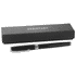 A black rollerball pen with a silver trim, presented in a sleek black box featuring a logo.