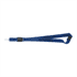 A blue lanyard with a black logo, featuring a clip and adjustable buckle.