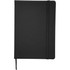 A black 5 x 7 snap elastic closure notebook featuring a matching elastic band. It includes a ribbon bookmark.