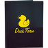 A dark folder featuring a yellow logo of a duck and text that reads "Duck Farm."