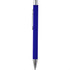 A blue metal pen with a soft touch finish and chrome accents. Includes a clip and a logo on the body.