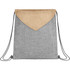 A grey and beige drawstring bag with a textured finish and a logo at the top.