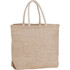 A large herringbone jute tote bag in a natural beige colour with sturdy handles. Features a logo.