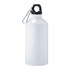 A drink bottle in white aluminium with a black cap and a carabiner clip for easy attachment.