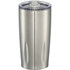 A drink bottle with a stainless steel finish and clear lid, featuring a sleek design and logo. 