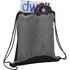 A grey and black drawstring sportspack with a pocket containing a magazine and sunglasses, featuring a logo.