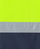 A close-up of a safety garment featuring bright lime and navy colours with reflective tape.